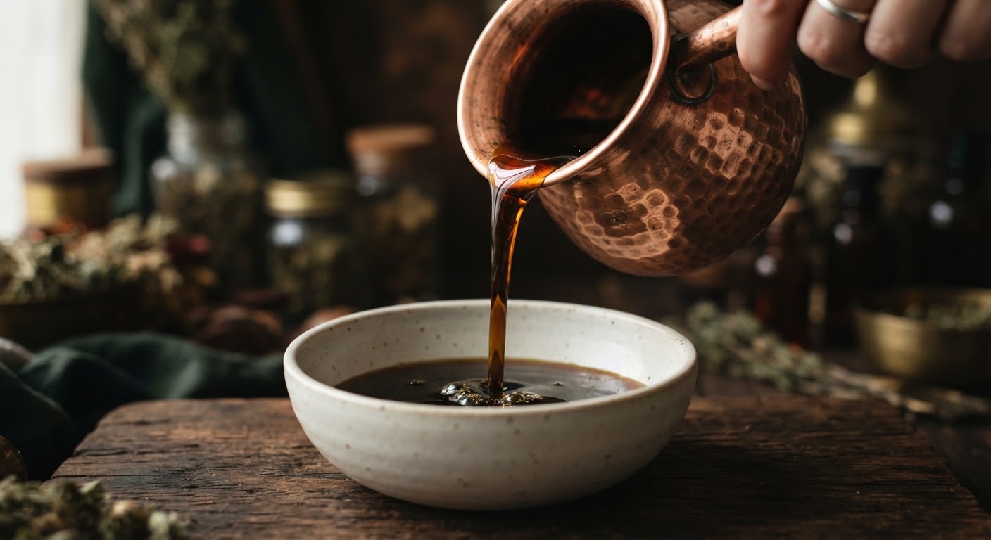 Warm herbal oil poured from a hammered copper vessel into a ceramic bowl, surrounded by loose herbs and glass jars.