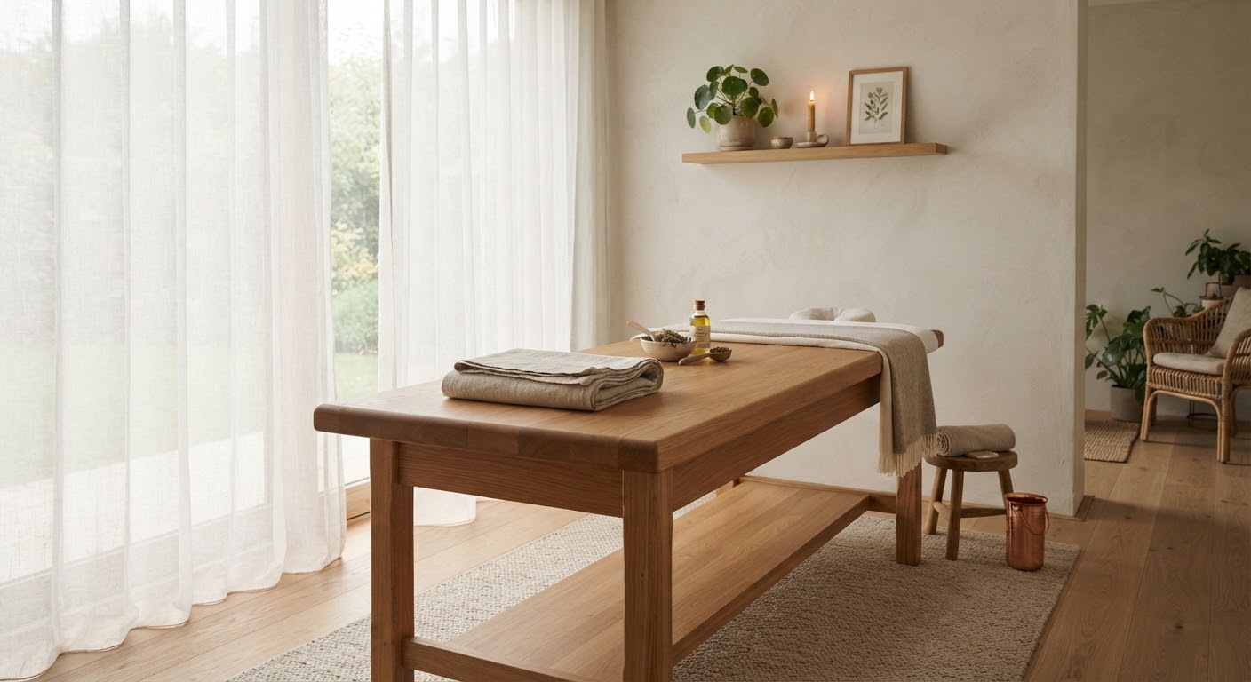 A quiet, private treatment room in a selected Croatian property, unoccupied and prepared for the next session.